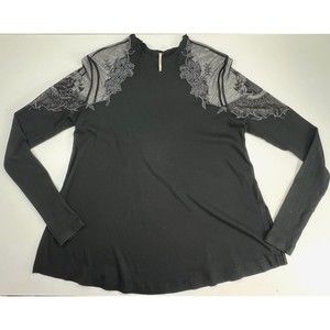Free People Daniella Embroidered Illusion Top Womens Large Lace Shoulder Detail